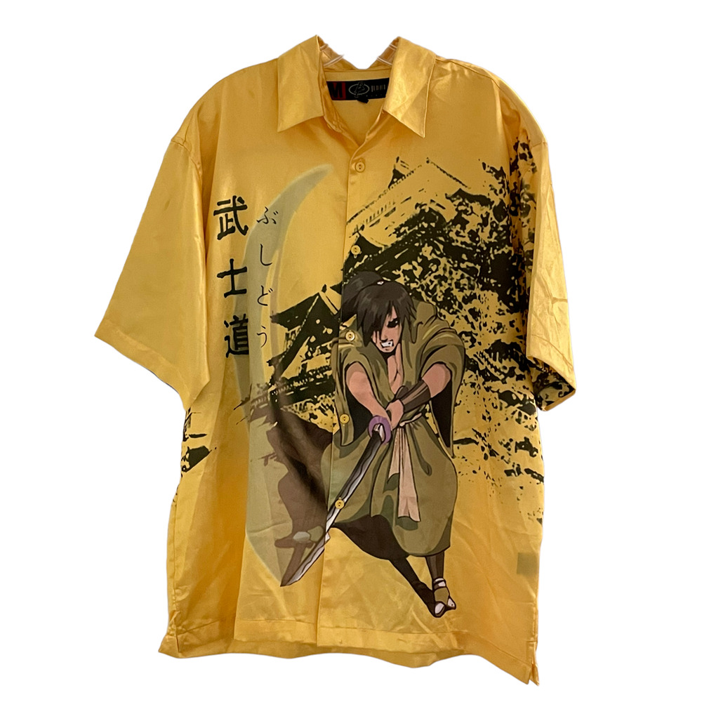 Vintage Mens Button Up Shirt Medium Yellow Satin Samurai Anime Short Sleeve Y2K